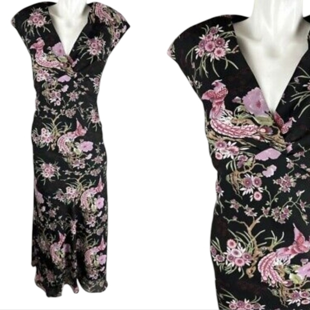 Vintage Lily Oriental Floral Phoenix Dress P/L Black Pink Mesh Overlay Y2K Midi - Picture 10 of 10